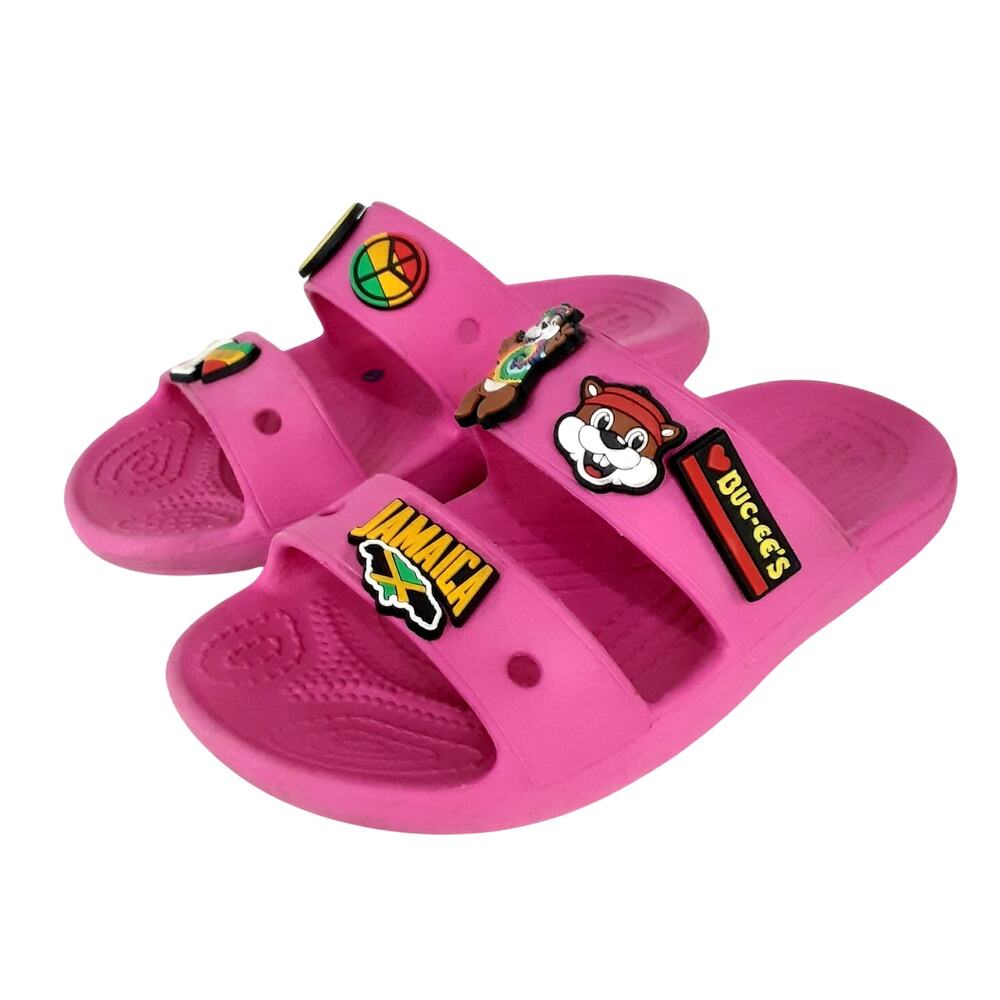 Crocs Classic Slide Sandals Hot Pink Girls 13 Water Shoes Bucees Jibbitz Charms